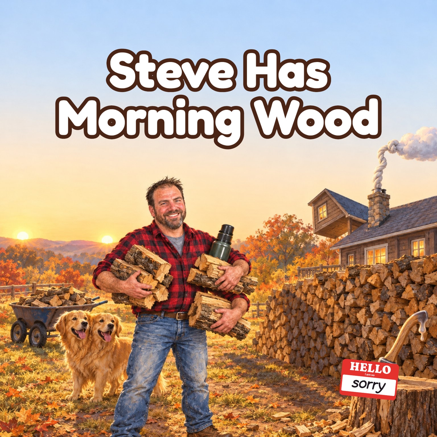 Steve Has Morning Wood: the printed cover. Steve, in a red flannel shirt, carries an armful of firewood past a woodpile at sunrise.