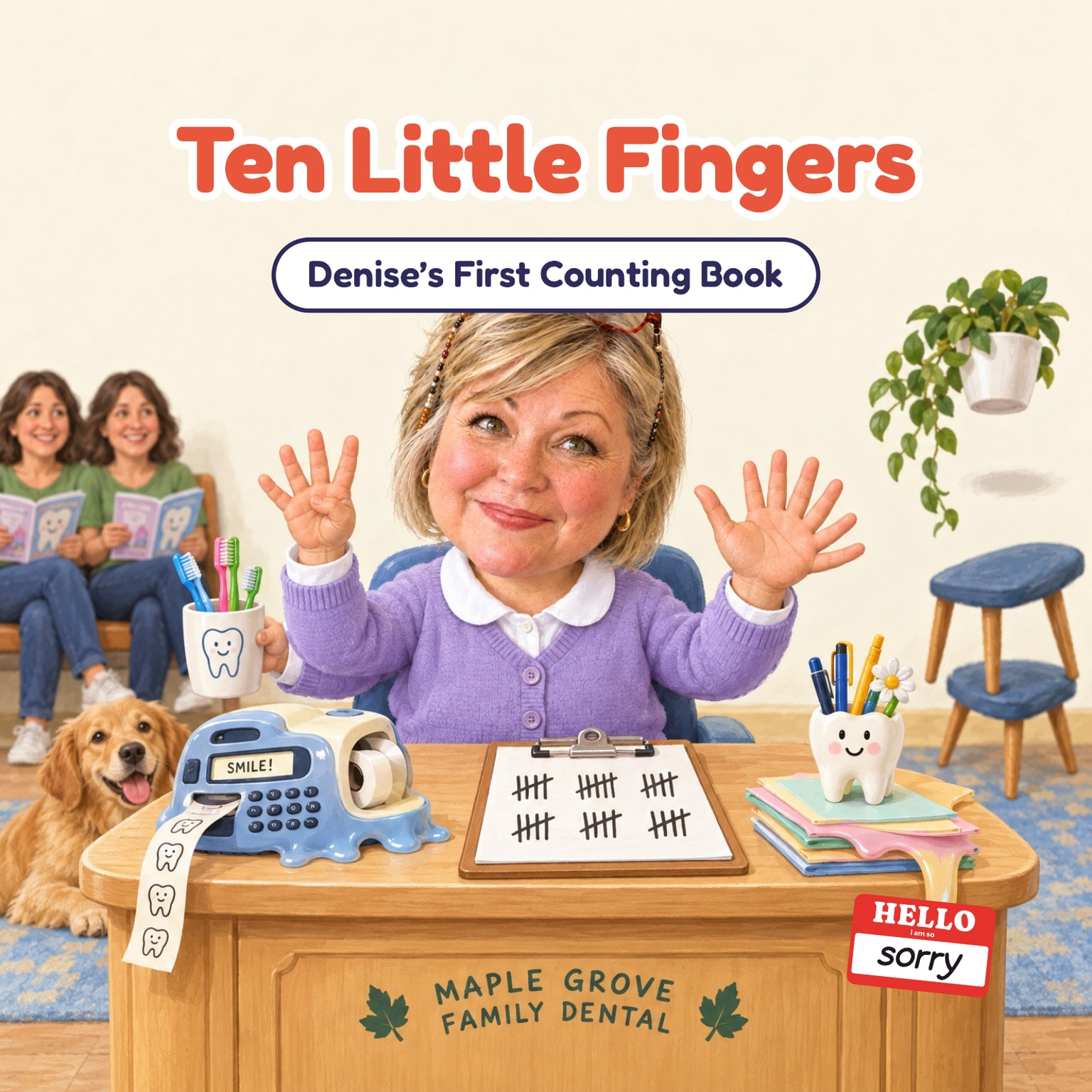 Ten Little Fingers, Denise’s First Counting Book: the printed cover. Little Denise, a toddler with a grown woman’s face, waves both hands behind a dental-office front desk.