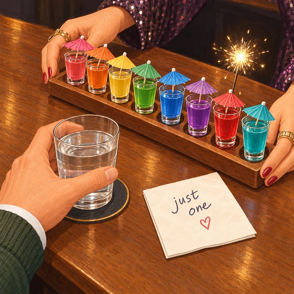 A hand in rings slides a tray of eight bright shots with paper umbrellas toward a hand holding a glass of water; the napkin reads “just one”