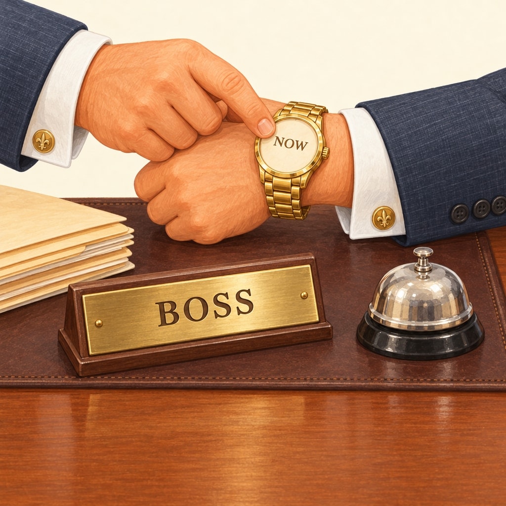 A hand in a suit cuff taps a gold wristwatch whose face reads NOW, over a desk with a BOSS nameplate and a desk bell