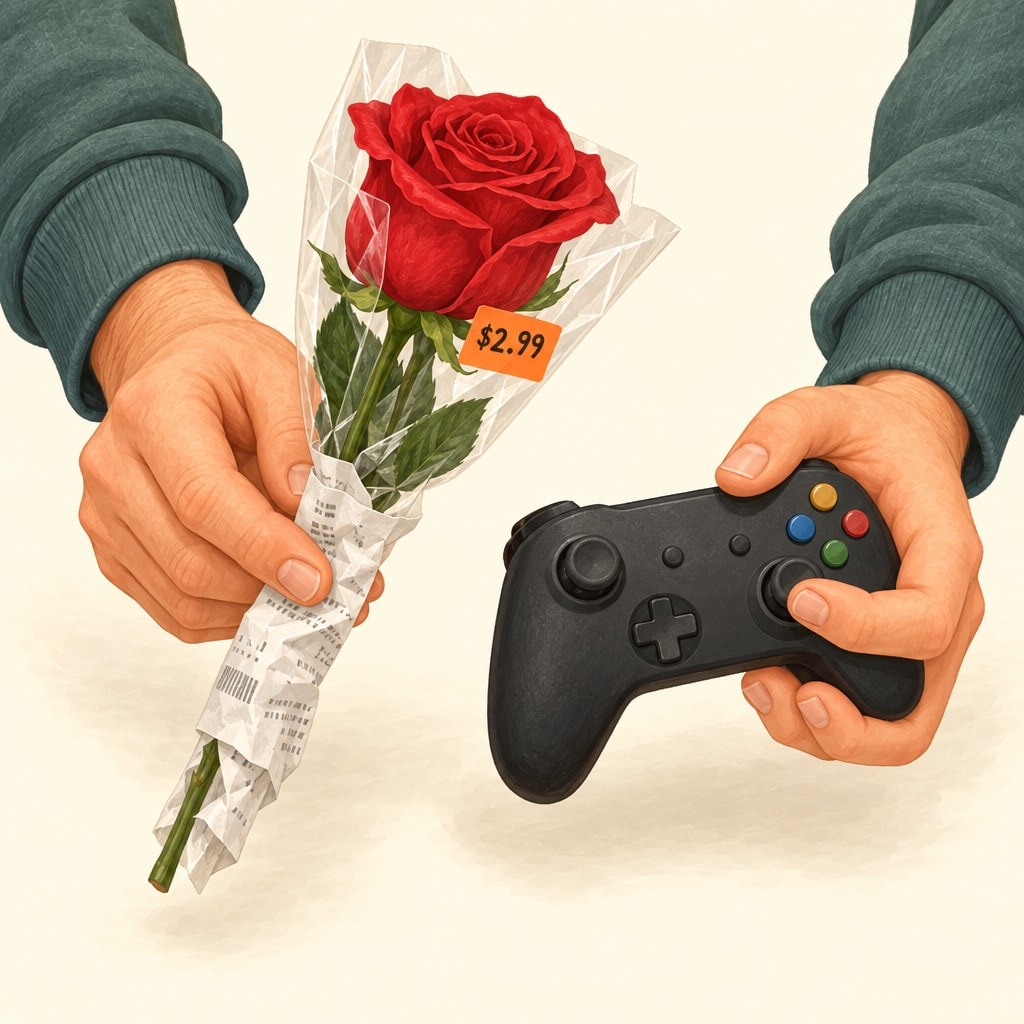 A hand holds out a single red rose wrapped in a gas-station receipt, its price sticker still on; the other hand keeps hold of a game controller