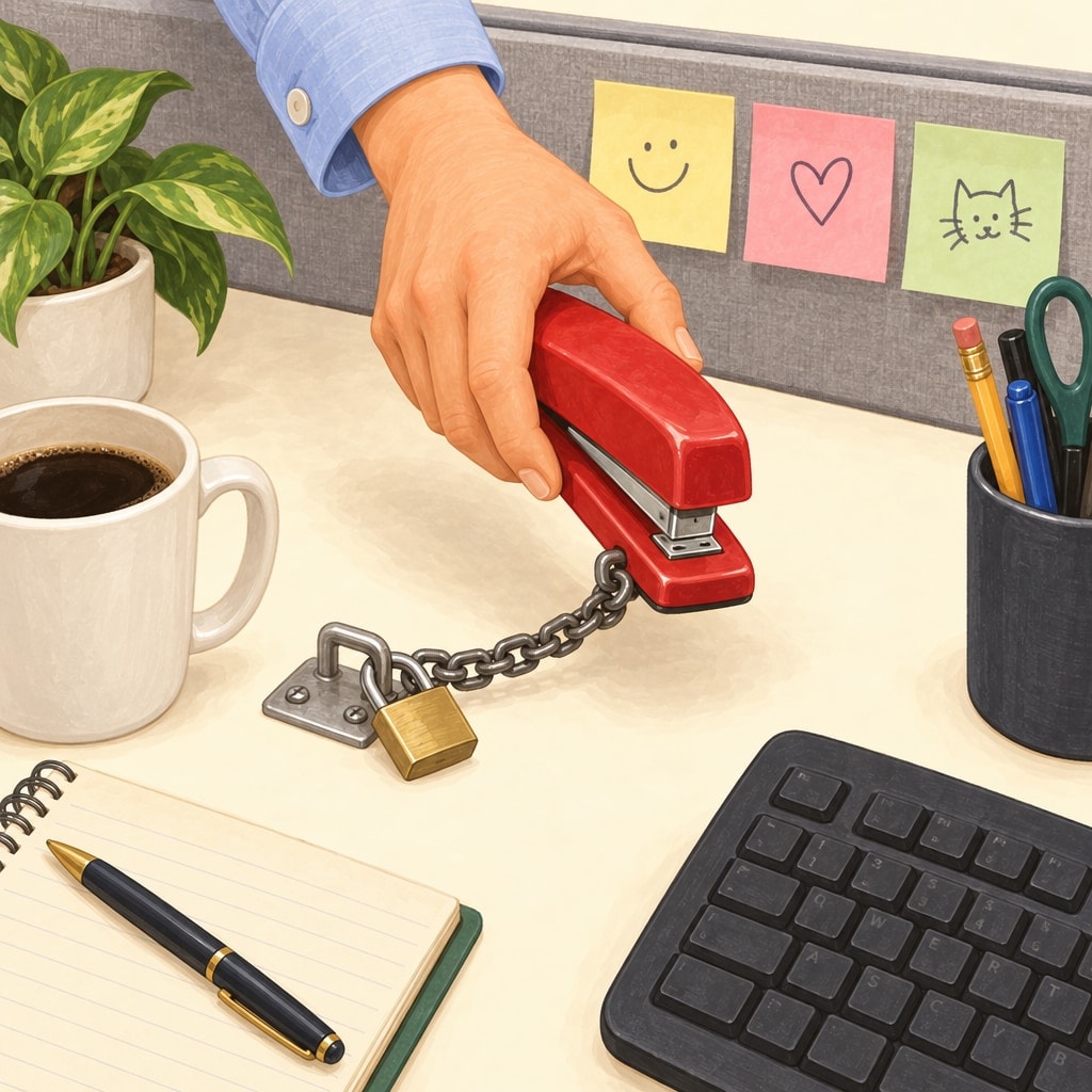 A hand reaches over a cubicle wall for a red stapler that is chained and padlocked to the desk