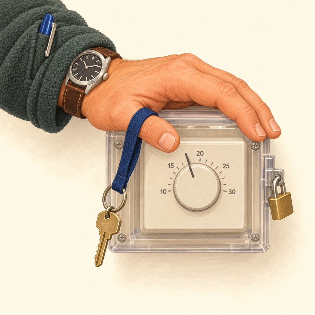 A hand rests on a thermostat locked inside a clear plastic box, the key hanging from one finger