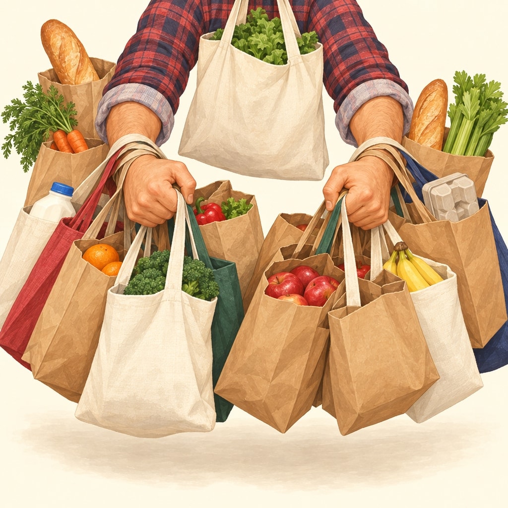 Two arms carry every grocery bag at once, more than a dozen of them hanging from the wrists and forearms