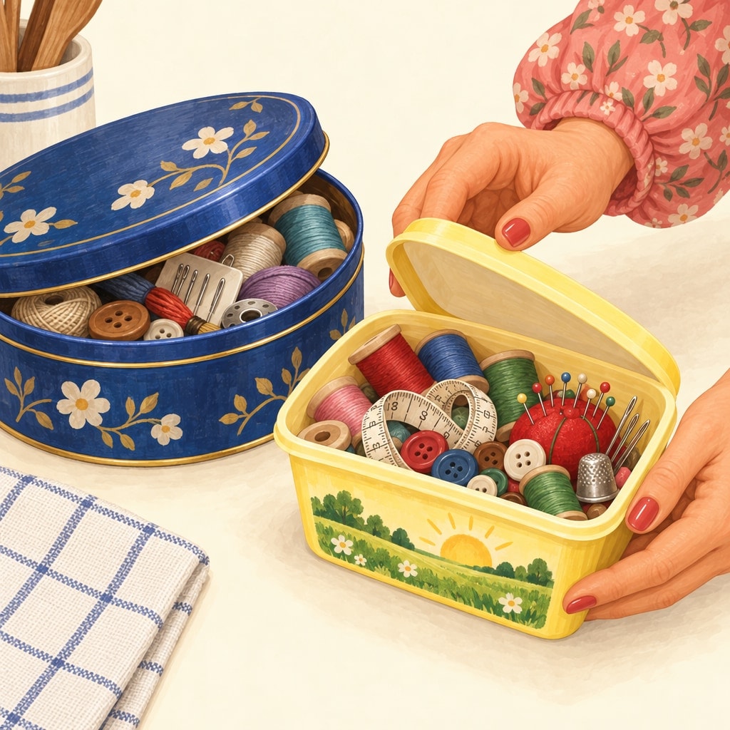 A hand opens a butter tub full of thread, buttons and pins, beside a cookie tin full of sewing supplies