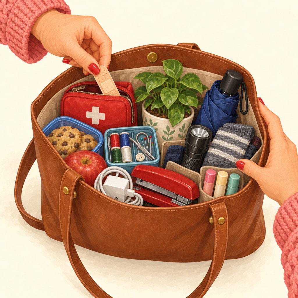 A hand reaches into a handbag packed with a first-aid kit, a sewing kit, a stapler, an umbrella, a flashlight, a potted plant and snacks, and pulls out one bandage
