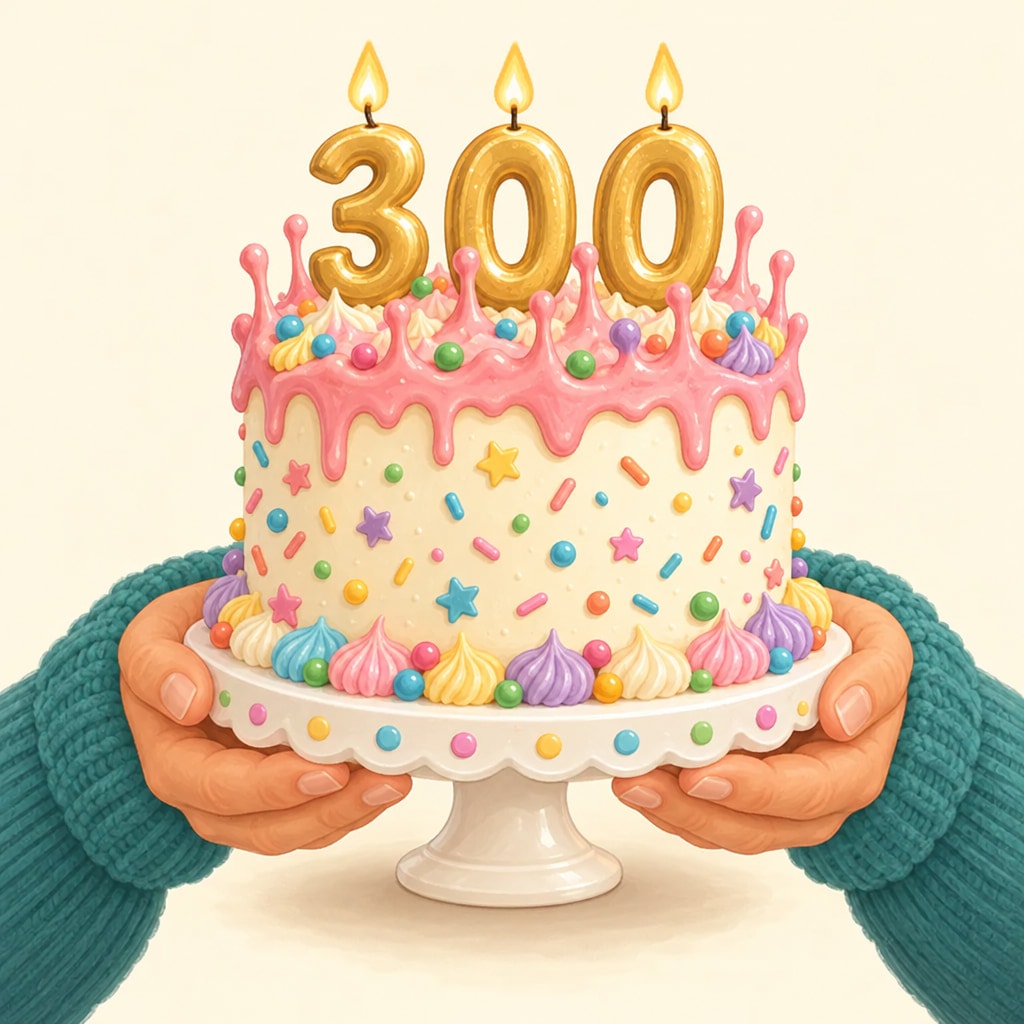 Hands hold a birthday cake whose number candles read 300