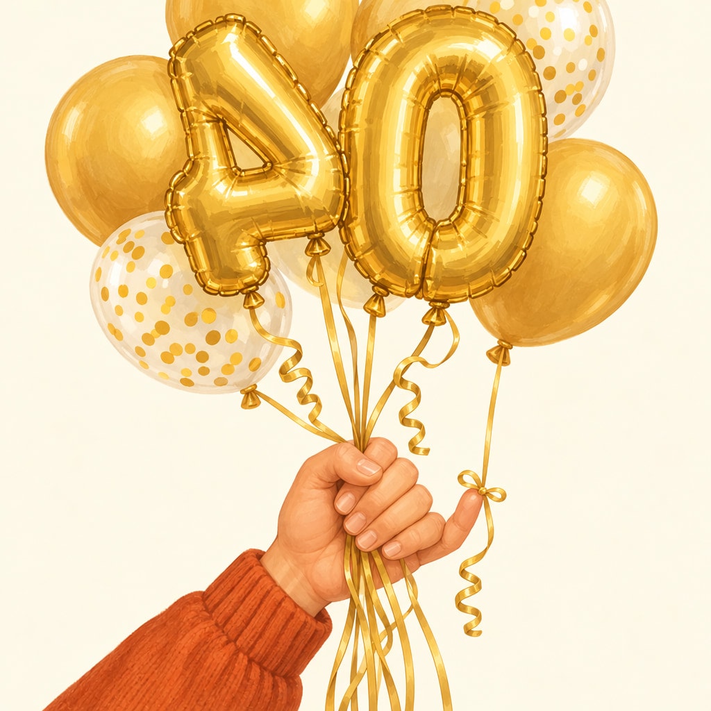 A hand holds gold number balloons for a 40th birthday; the 4 is backwards