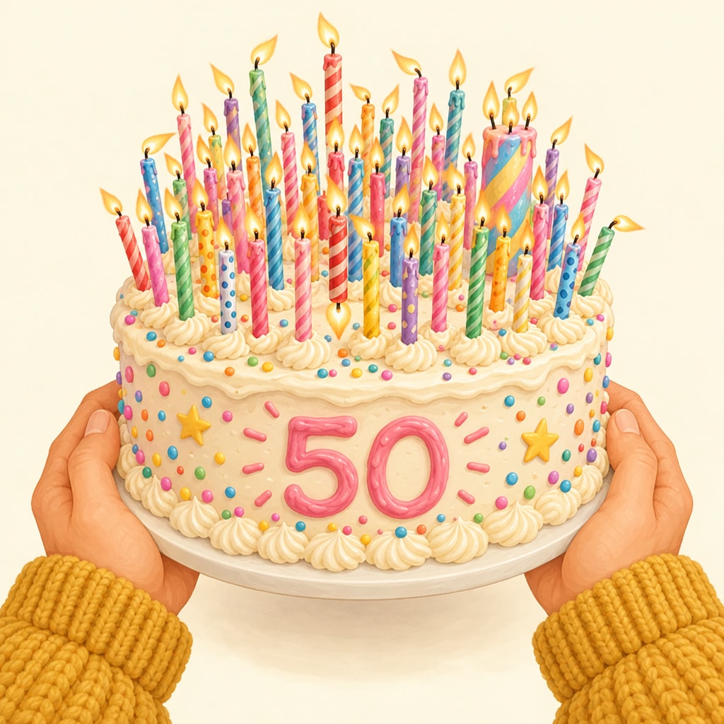 Hands hold a 50th-birthday cake crowded with candles, one of them lit at both ends