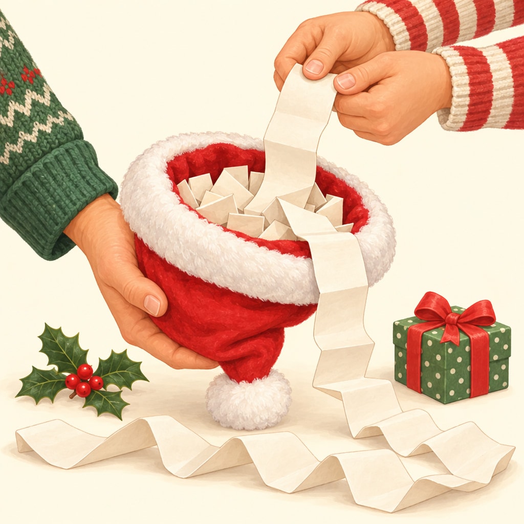 Secret Santa: a hand draws a name from a Santa hat, and the paper slip is as long as a scarf