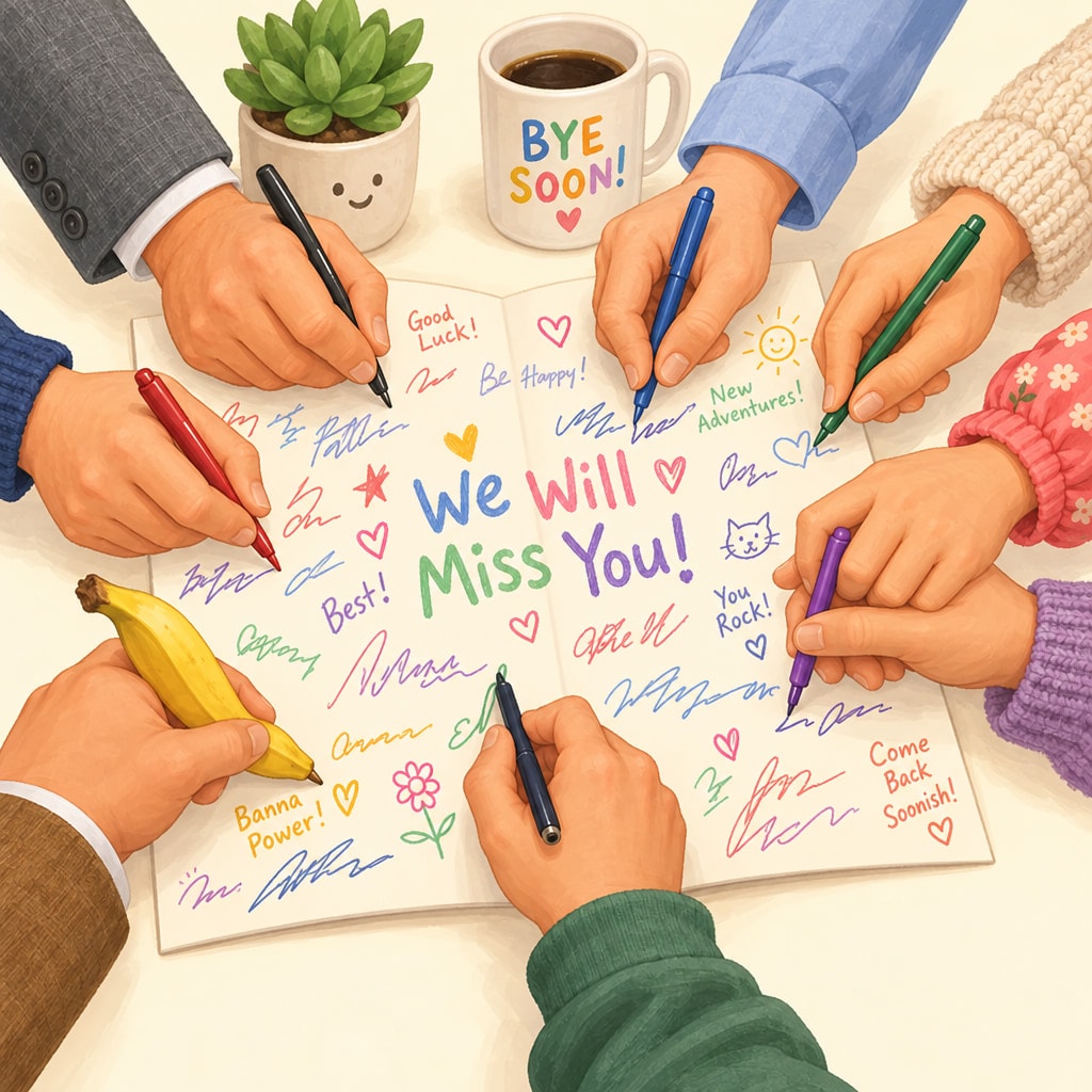 Many hands crowd in to sign a farewell card at once; one of them is signing with a banana