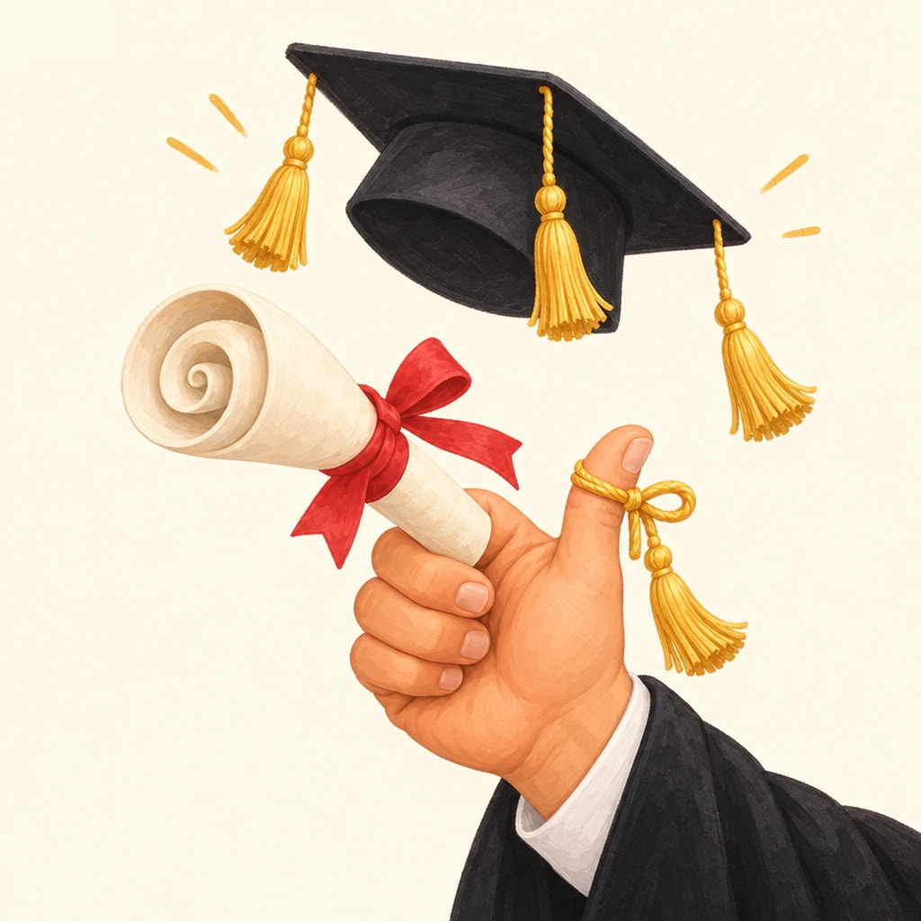 A hand holds up a diploma rolled into a spiral under a mortarboard with three tassels