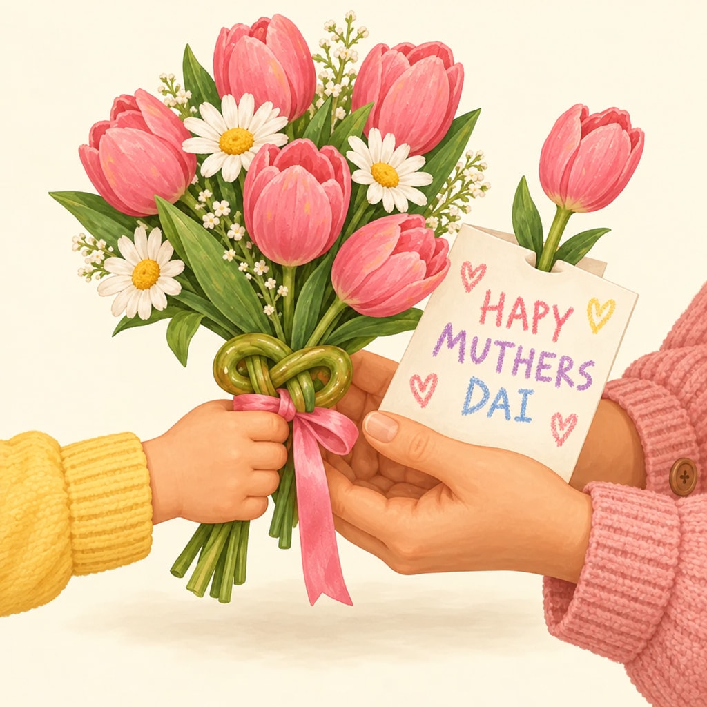 A small hand gives a tulip bouquet tied in a pretzel knot and a crayon card to a grown-up hand