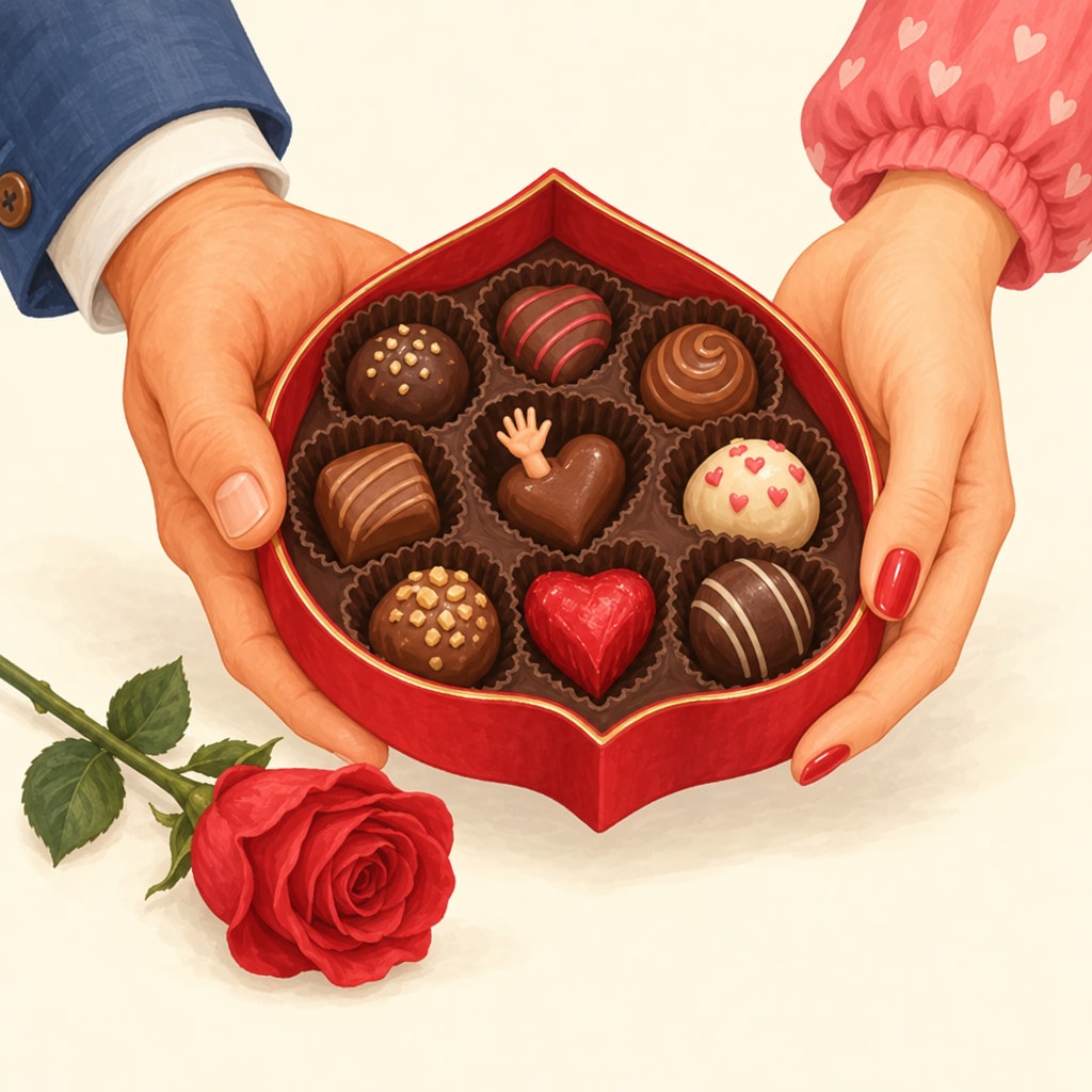 Two hands hold out an upside-down heart-shaped box of chocolates; one chocolate waves a tiny hand