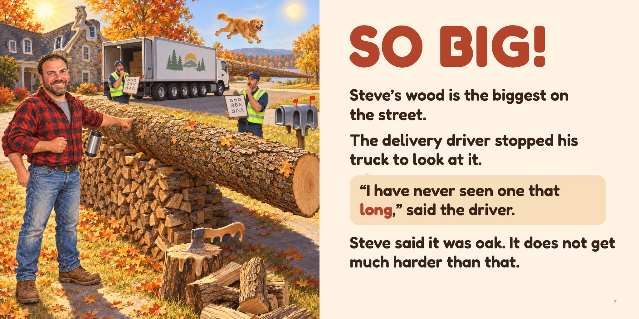 SO BIG! Steve shows a delivery driver an enormous oak log on his woodpile.