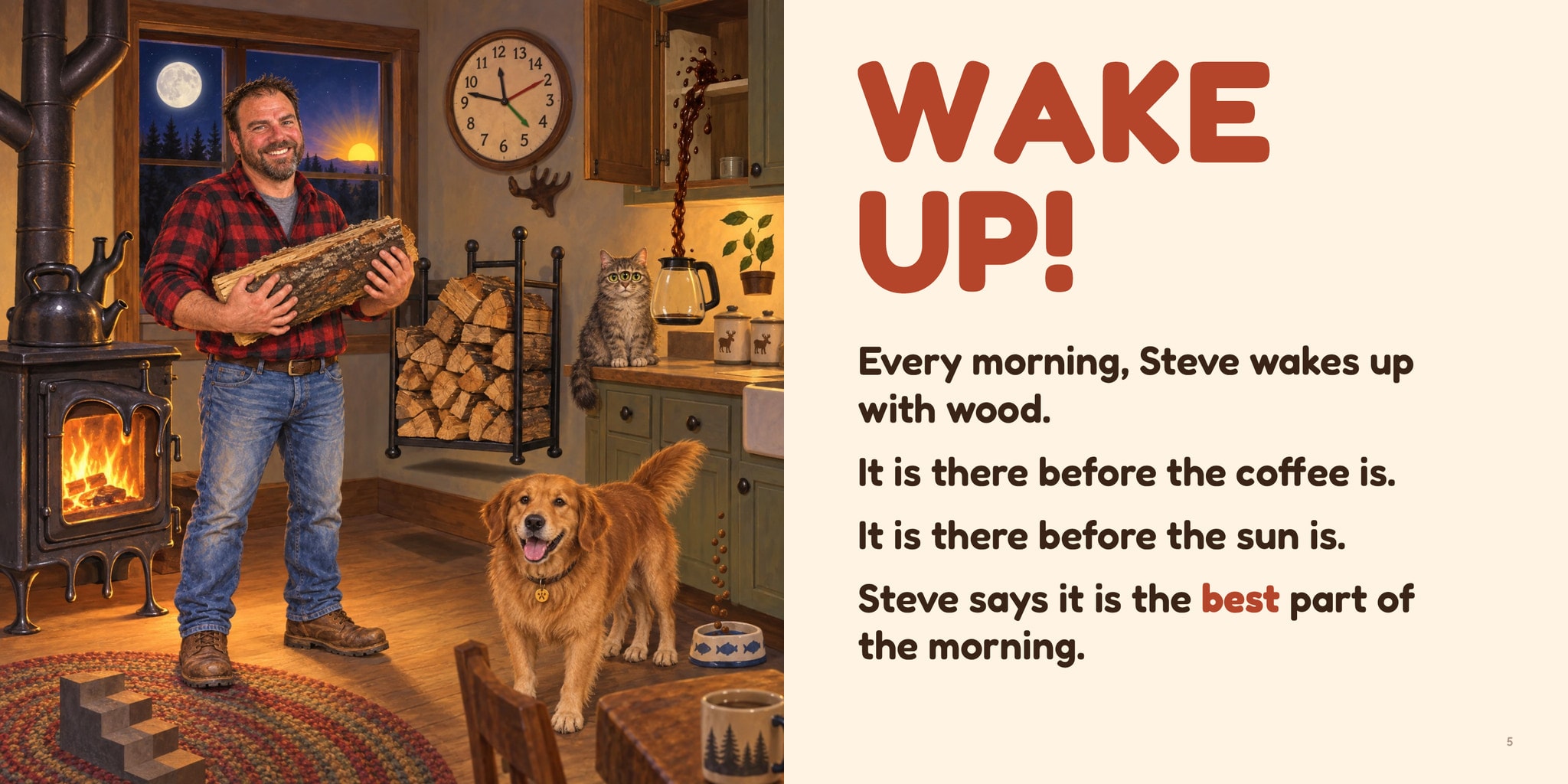 WAKE UP! Steve in his kitchen before dawn, holding a log beside the wood stove.