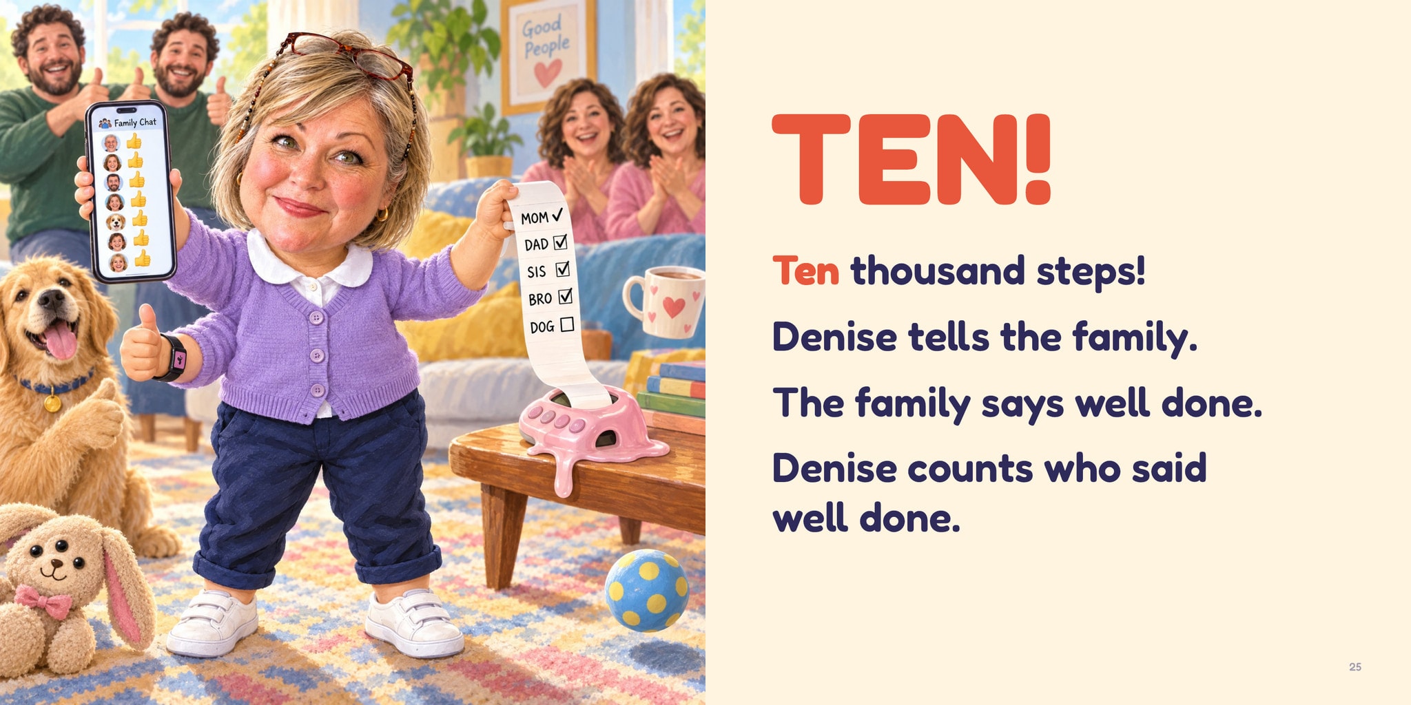 TEN! Little Denise holds up a phone full of thumbs-up replies and a label-tape checklist of the family.