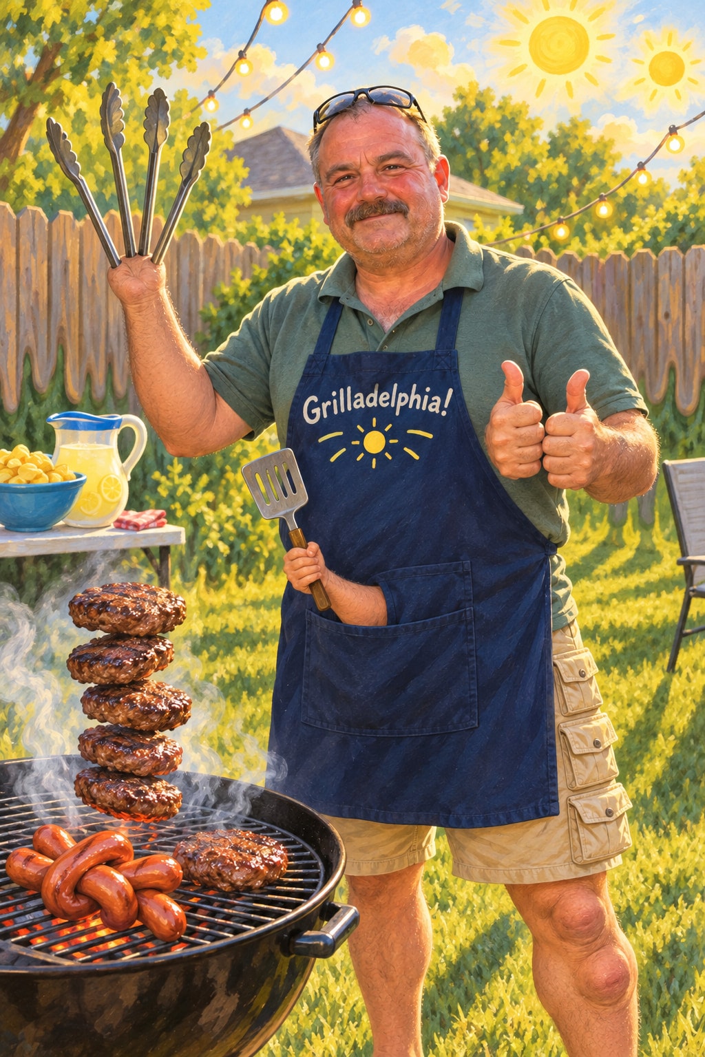 The same man in the same pose, redrawn as a picture-book illustration with two thumbs up on one hand, three-pronged tongs and a floating tower of burgers.