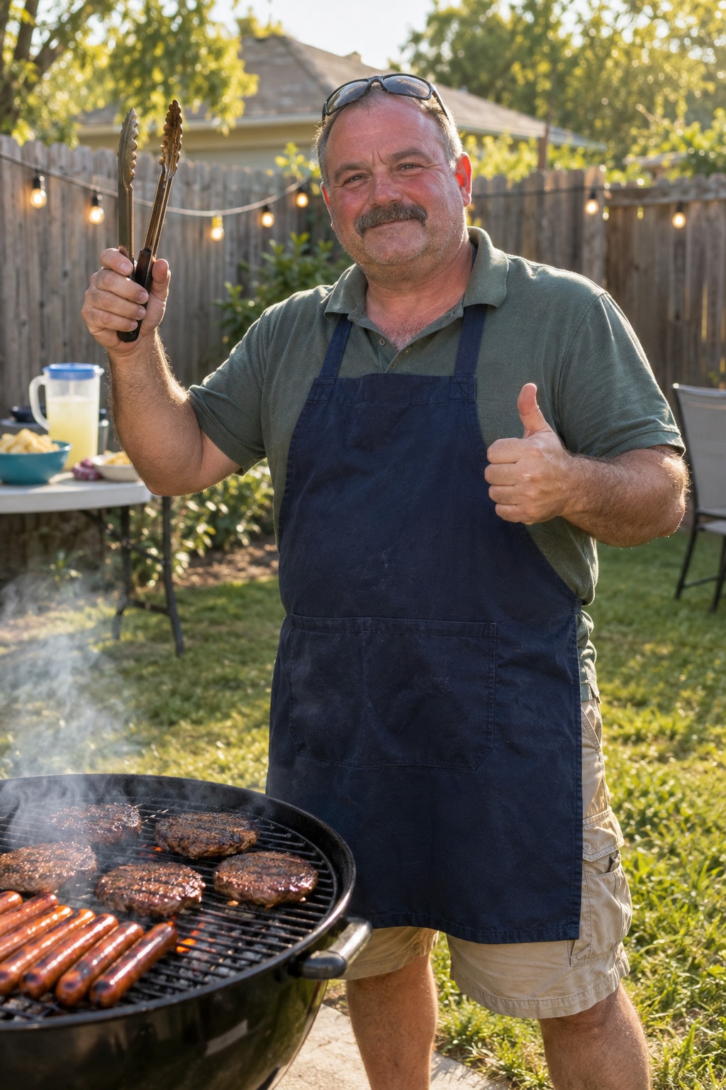 A photorealistic AI-generated image: a man in a navy apron at a backyard barbecue, holding up tongs and giving a thumbs-up.