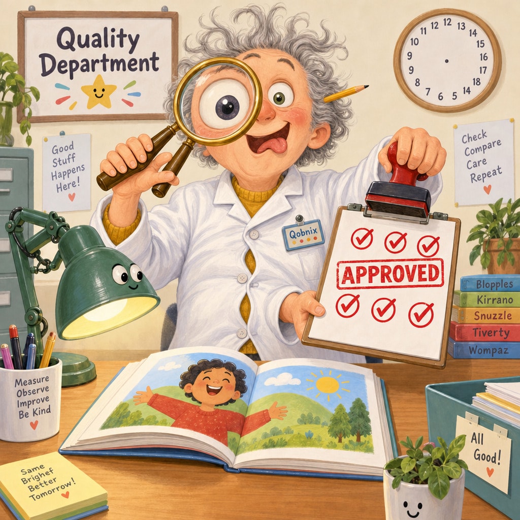 A wild-haired inspector in a lab coat grins open-mouthed over a picture book, one eye swollen huge behind the magnifying glass they hold up, while a third arm brings a red stamp down on a clipboard marked APPROVED among six checkmarks.