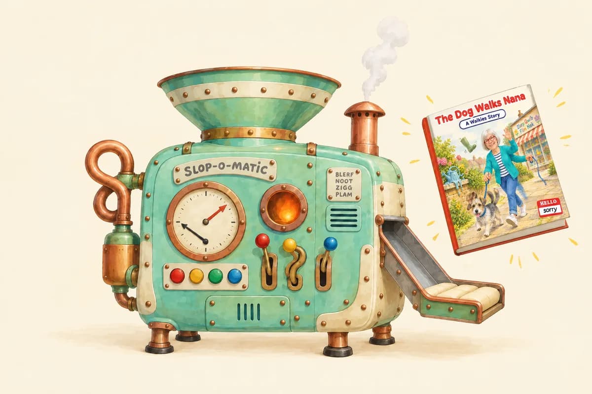 A finished picture book pops out of the slop machine’s chute.
