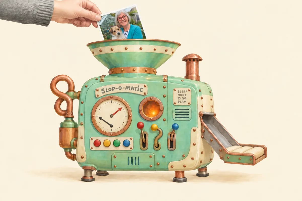 A hand drops a printed photo into the slop machine’s hopper.
