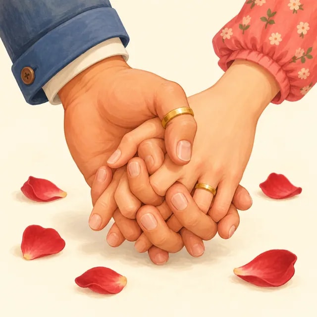 Two hands holding each other, with far too many interlaced fingers and a wedding ring on a thumb