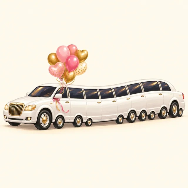 A white stretch limousine with balloons, so long it bends in the middle, on eleven wheels