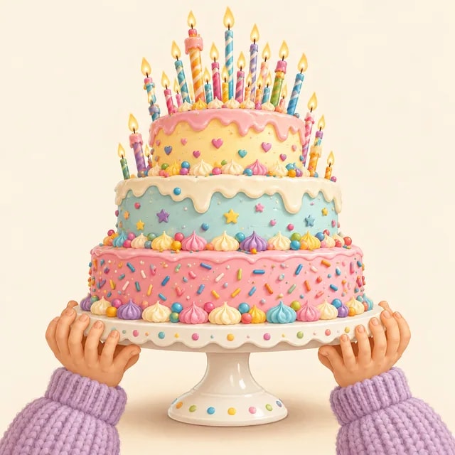 A birthday cake with far too many candles, held up by two hands with an extra finger each