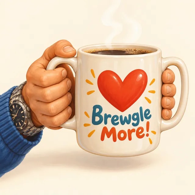 A two-handled coffee mug held by one hand, with extra fingers coming out of the other handle