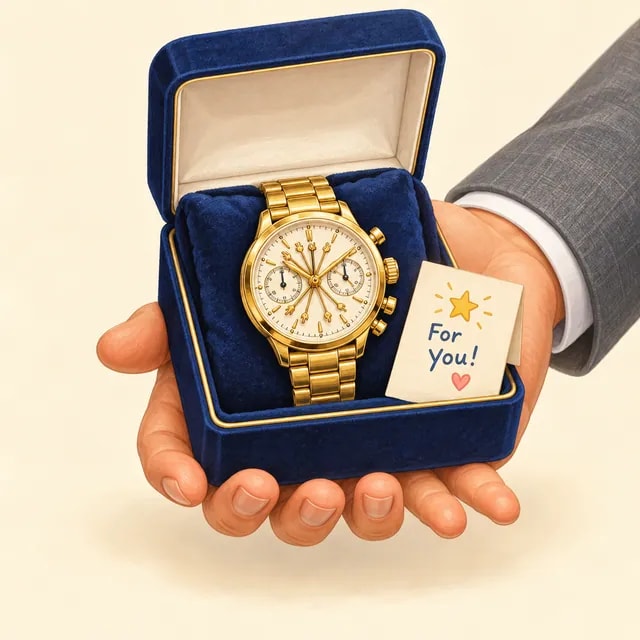 A gold watch in a velvet box, presented by a hand with six fingers; the watch hands are tiny hands