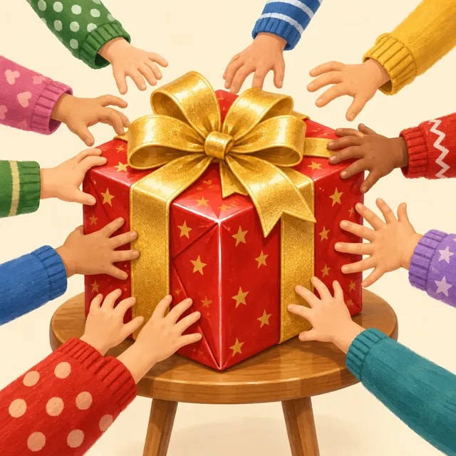 A wrapped present being grabbed by far too many hands at once