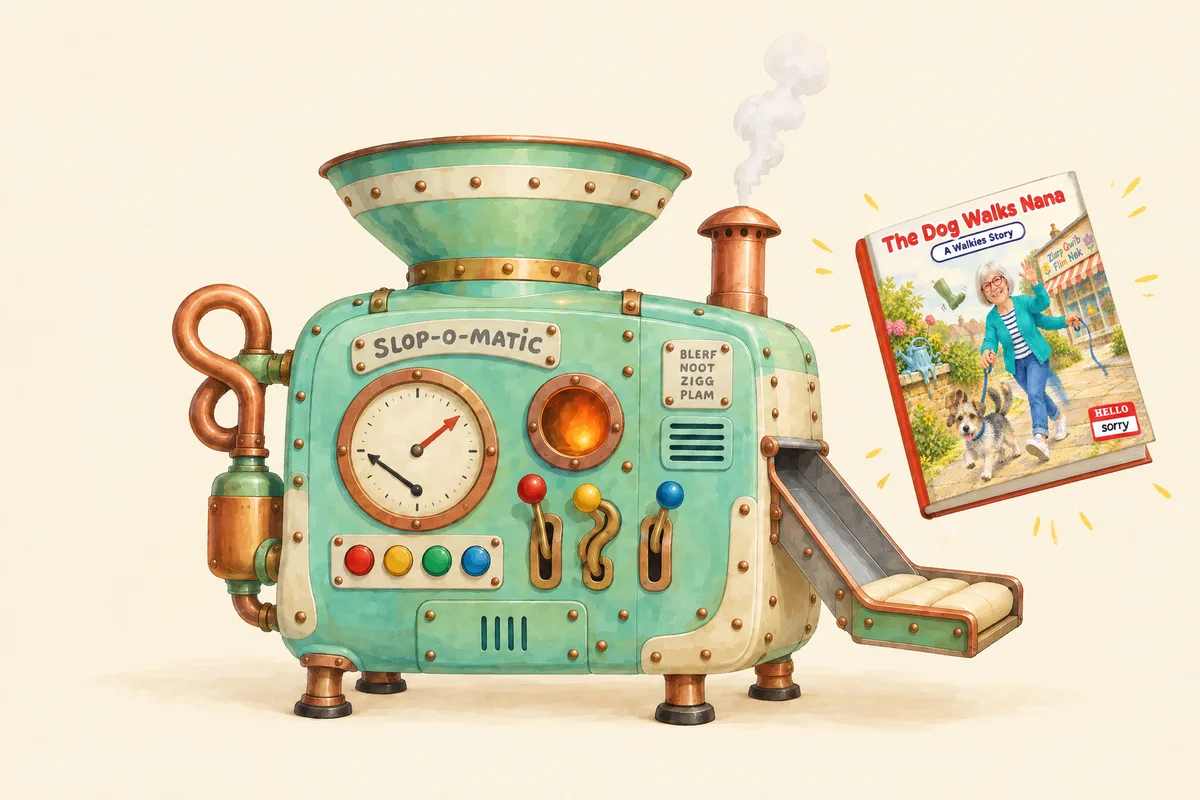 A finished picture book pops out of the slop machine’s chute.